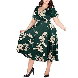 Nemidor Plus Size Dresses for Curvy Women Casual Summer V Neck Short Sleeve Midi Cocktail Vintage Dress with Pocket(073,16,Green Khaki)
