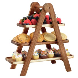 Elama Acacia Wood 3 Tiered Rectangular Ladder Tray Serving Set, Cupcake Tray, Serveware Set, Decorative