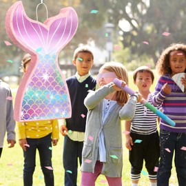 Zhanmai Small Mermaid Pinata for Birthday 11.8x16.5 Inch Girl Party Plain Pinatas Decorations with Stick Blindfold Confetti Mermaid Party Decorations Favors for Kids Boys Sports Themed Supplies