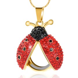 constantlife Cremation Jewelry Ladybug Urn Necklace for Ashes Transparent Round Glass Locket Ash Holder Keepsake Crystal Beetle Memorial Pendant for Human Pet (Golden-Red)