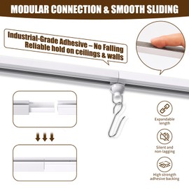 KOBRICH Self Adhesive Ceiling Curtain Track, 9.8 FT Flexible Cuttable No Drill Curtain Rail, Stick On Ceiling Mount Curtain Rod for Room Divider, Window, Closet, RV, Includes Hooks and Clips