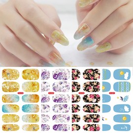 8 Sheets Flower Gel Nail Stickers Blue Sky White Cloud Sun Nail Polish Strips Doughnut Nail Stickers Full Nail Wraps Cartoon Design Self-Adhesive Floral Nail Stickers for Women Manicure Art Supplies