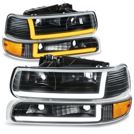 Auto Dynasty 4Pcs Switchback Sequential Startup L-LED DRL Headlights Assembly & Bumper Lamps Compatible w/Chevy Silverado Suburban Tahoe 1999-2006, Driver & Passenger Side, Black Housing Amber Corner