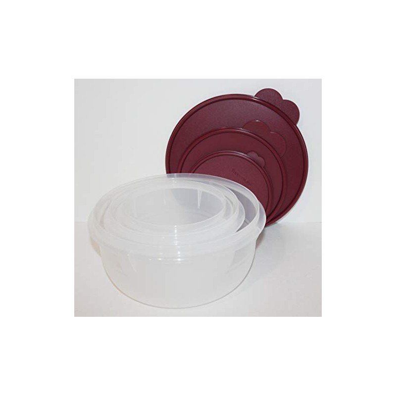 TUPPERWARE SET OF (3) MIXING BOWLS SHEER CLEAR WITH BORDEAUX