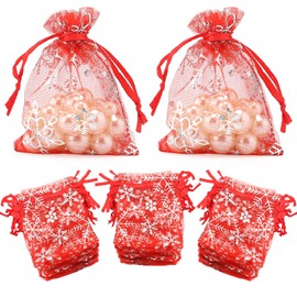 jijAcraft 100 Pcs Snowflake Organza Bags, 7x9CM Red Organza Gift Bags, Jewelry Bags with Drawstring for Christmas, Wedding Favour