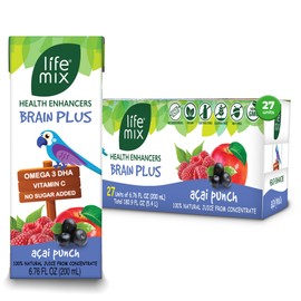 LIFE MIX Brain Plus Acai Punch 100% Juice 6.07 Fl. Oz - Juice Drink For Kids - Apple, Acai, and Raspberry Juices - Focus Boost - Tropical and Delicious - 27 Count - Pack Of 27