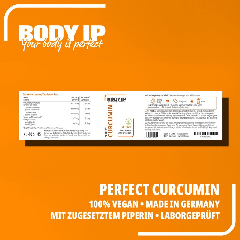 BODY IP Perfect Curcumin + Piperine, Turmeric Capsules with Curcuma