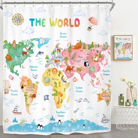 Riyidecor Kids World Map Shower Curtain for Bathroom Decor 60Wx72H Funny Educational Tool Cartoon Cute Animal Geography Continents Ocean Art Printed Fabric Polyester Waterproof 12 Pack Plastic Hooks
