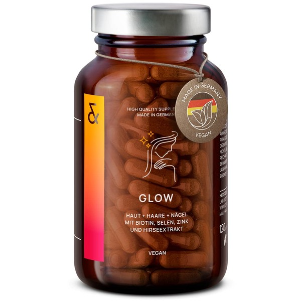 Glow Hair Vitamins High Dose with 10,000 μg Biotin, Zinc, Selenium and Millet - 120 Capsules | Vegan