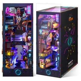 FUNPOLA 3D Wood Puzzle Book Nook Kit, Futuristic Miniature Bookshelf Insert with LED Lights, DIY Cyberpunk Bookend Décor for Display, Unique Craft for Adults and Teens (Endless Dimensions)