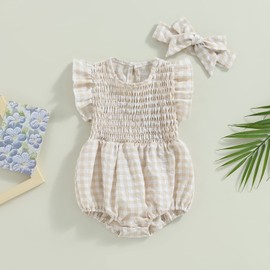 Infant Newborn Baby Girl Summer Outfit One Piece Smocked Romper Ruffle Sleeve Plaid Playsuit Headband 3 6 9 12 18M (Khaki, 3-6 Months)