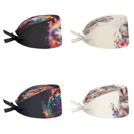 Babrukda 4 Pack Cap with Sweatband Adjustable Tie Back Hat Headgear Xmas Beanie, Wolf Elephant Tiger, One Size