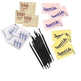 Happy Little Heart Sugar & Sweetener Variety Pack – 400 Count of Pure Cane Sugar, Zero-Calorie Sweetener, Raw Brown Sugar and 100 Sip and Stir Coffee Stirrers – Ideal for Coffee, Tea & On-the-Go Use