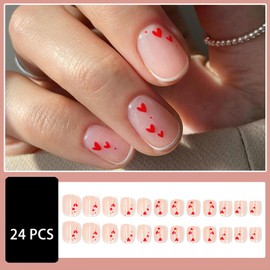 French Tip Press on Nails Short Square Fake Nails Valentine's Day White French Tip False Nails with Red Hearts Design Glossy Nude Pink Glue on Nails for Women Girls Manicure Art Decorations 24Pcs