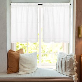 Deconovo Linen Blended Kitchen Curtains, Farmhouse Semi Sheer Rod Pocket Light Filtering Cafe Tier Curtains for Bathroom,Pure White,26W x 36L,2 Panels