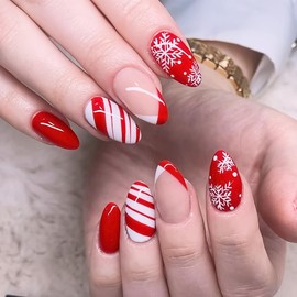 Christmas Press on Nails Medium Almond Red White Stipe Snowflake Fake Nails, French Xmas Press on Nails Gel Acrylic Nails Glue Stick on Nail Tip Reusable Natural Fit Winter False Nails Kit