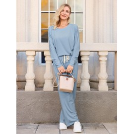 difficort Womens 2 Piece Outfits Long Sleeve Fall Lounge Sets Wide Leg Workout Sets Loungewear with Pockets,Haze Blue,Large