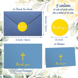 Resurhang 30 Pack Baptism Thank You Cards with Envelope and Stickers 4 x 6 Inch Gold Foil Embossed Cross Blank Inside Cards Bulk for Baptism Funeral Baby Shower Party Supplies(Blue)