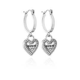 GUESS Silvertone Logo Heart Dangle Charm Hoop Earrings, ONE SIZE, Metal, No Gemstone