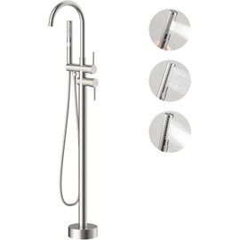 Free Standing Bathtub Faucet Set: Floor Mount Tub Filler with 3-Function Handheld Shower Head, High Flow Brass Freestanding Shower Faucet (Brushed Nickel)