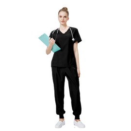 Meichoon Nurse's Uniform Set Lightweight V-Neck Top with Elastic Pants Natural Skin-Friendly for Men and Women DK06 Black Small