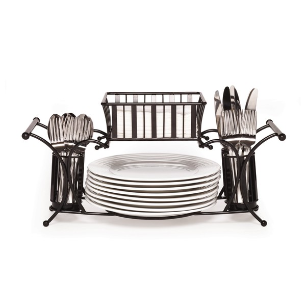 Gourmet Basics by Mikasa Band and Stripe Metal Hostess Flatware Napkin and Plate Tabletop Buffet Picnic Caddy