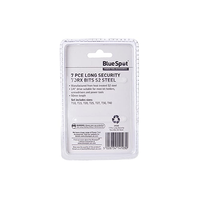 Blue Spot 14103 Long Security Torx Bits, Silver, Set of