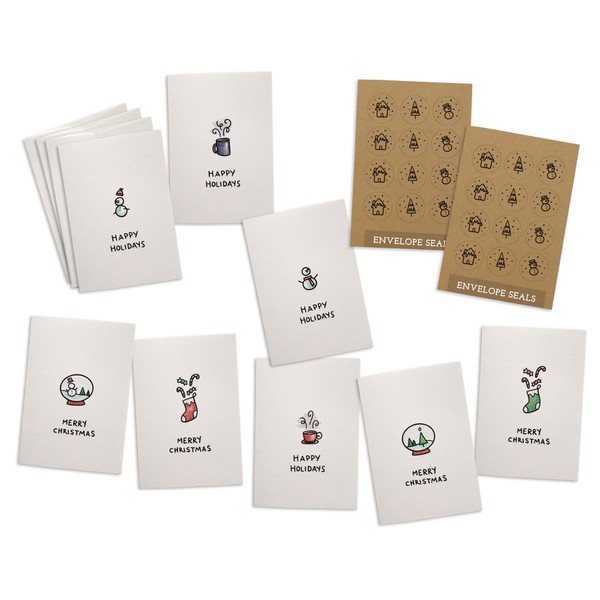 Holiday Minimalist Christmas Cards - 24 Assorted Holiday Cards with Envelopes & Sticker Seals - 8 Designs Featuring Stockings and Cute Snowman Christmas Cards