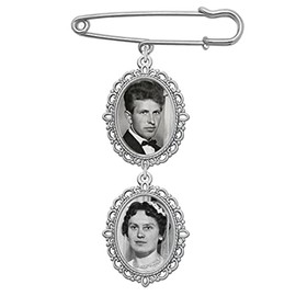 Wedding Bouquet Photo Charm Pin Cascading Double Oval Frame for Bride's Flowers or Boutonniere, Silver plate