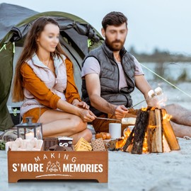 Smores Kit, S'Mores Station with 5 Extendable Marshmallow Roasting Sticks, Farmhouse Smores Caddy with Handles, Wood Smores Maker Box, Camping Bonfire Accessories, Smores Kit for Fire Pit Outdoor