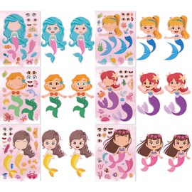 36 PCS Make-a-face Sticker Sheets Large Make Your Own Mix and Match Sticker Sheets Sticker Play Set Reusable Stickers Fantasy Kids Arts and Crafts Activity Party Favor Supplies Craft (Mermaid)