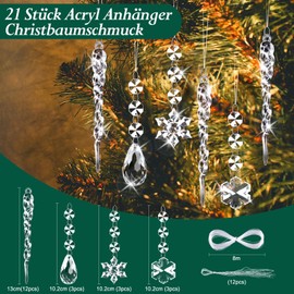 Pack of 21 Christmas Tree Decorations, Snowflakes Icicle Pendants, Acrylic Icicle Christmas Tree Decoration, Crystal Ornaments, Christmas Tree Decoration for Winter Decoration