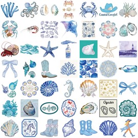 Aesthetic Blue Beach Stickers Pack, 50 Cute Ocean Beach Stickers for Kids Girls Adults Summer Coastal Theme Vinyl Waterproof Decals for Water Bottle Scrapbook Journal Laptop