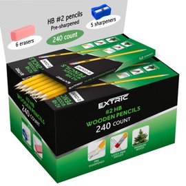 EXTRIC Wood-cased HB #2 Pencils, Pre-Sharpened, 20 Packs of 12-Count yellow Pencils, Bulk Pack 240 Count, for Classroom, Teacher Supplies