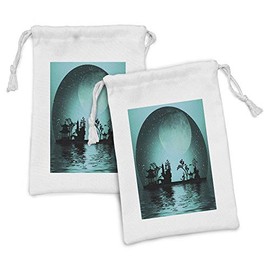 Lunarable East Fabric Pouch Set of 2, Landscape with Moon and Stars in the Night Sky Holiday Print, Small Drawstring Bag for Toiletries Masks and Favors, 9" x 6", Aqua Black