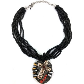 Western Peak Seed Bead Chunky Leather Fringe Tied Round Stone Textured Cross Pendant Necklace with Earrings (Black)