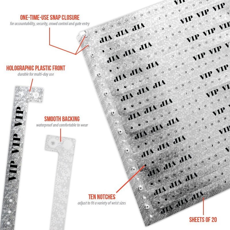 500 WristCo Holographic Silver VIP Plastic Wristbands - Wristbands for