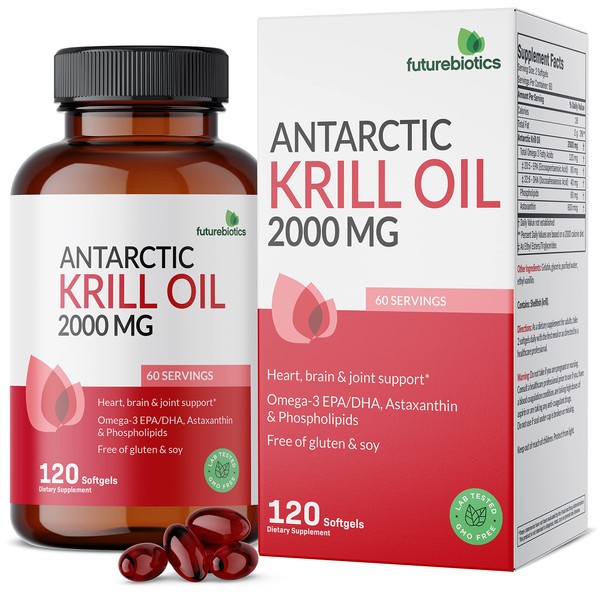 Futurebiotics Antarctic Krill Oil 2000mg with Astaxanthin, Omega-3s EPA, DHA and Phospholipids - 100% Pure Premium Krill Oil Heavy Metal Tested, Non GMO – 120 Softgels