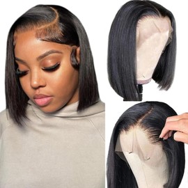 Keytac Bob Wig Human Hair 13x4 HD Lace Front Wigs Human Hair Glueless Wigs Human Hair Pre Plucked Short Bob Wig Lace Frontal Wigs for Black Women 180% Density Straight Wigs Natural Color 10 inch
