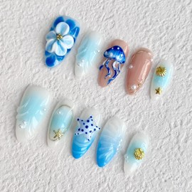 10PCS Handmade Press on Nails Medium Length Almond Fake Nails Blue Stick on Nails 3D Ocean designs Gel Glue on Nails Summer False Nails for Women Girls Art Manicure （M Size）