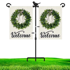 LAIRIES Garden Flag Stand Holder for Double Flags with Bird Garden Flag Stopper and Anti-Wind Clip 37’’H x 30’’W Black Wrought Iron Yard Season Flag Pole for 2 Flags Outdoor