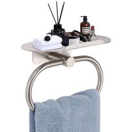 Siyzda Siyzda Hand Towel Ring with Shelf, 304 Stainless Steel Hand Towel Holder, Heavy Duty Bath Accessories, Wall Mounted Towel Hanger for Bathroom Kitchen (Brushed Nickel)