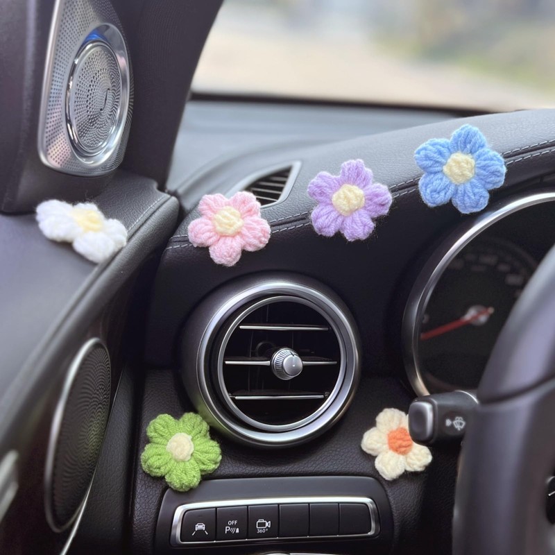 Crochet Flowers Dashboard Decorations, 6Pcs Cute Car Accessories for Women