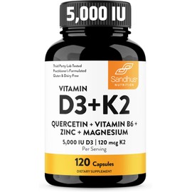 Sandhu's Vitamin D3 K2 Magnesium 5000 IU, 120mcg K2 Capsules 120 Count (Pack of 1) | with VIT B6, Zinc & Quercetin | D3K2 Supports Superior Absorption, Energy, Immune, Muscle Health for Men & Women