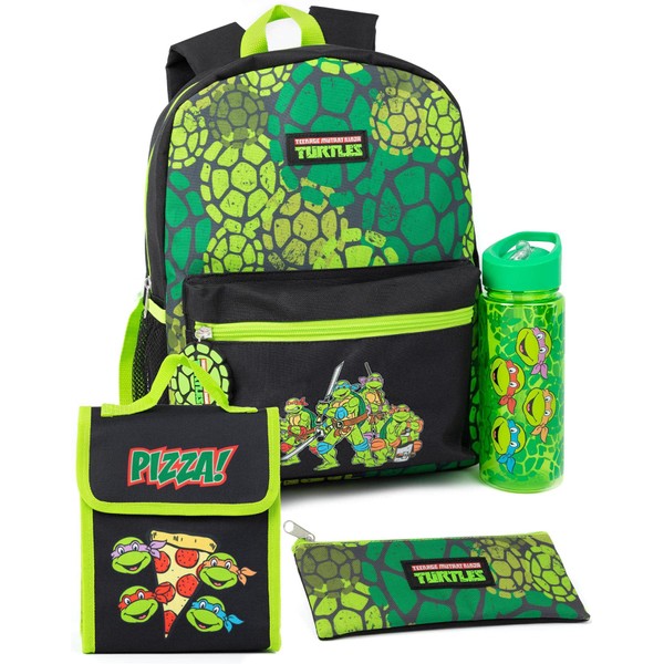 Teenage Mutant Ninja Turtles 4 Piece Backpack Set | Animated Warriors Green Backpack Pizza Lunch Bag Pencil Case Water Bottle | Return to School Gifts TMNT, Green