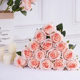 CHICNOOK 10 Pcs Champagne Roses Artificial Flowers, Fake Roses Real Touch Silk Flowers Bouquet with Long Stems Wedding Centerpiece for Table Home Party Decoration