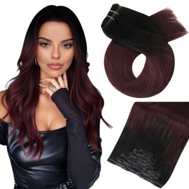 Moresoo Seamless Clip ins Real Human Hair Extension Natural Black to Dark Red Clip in Hair Extensions Red Clip in Extensions Burgundy for Short Hair 14 Inch 120g/7pcs