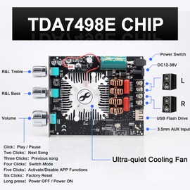 T160HS 160W+160W Amplifier Board with Treble and Bass Control,2.0 Channel Stereo AMP Board,Bluetooth/AUX/USB Input DC 12-36V
