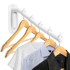 Sumnacon Stainless Steel Clothes Hanger Rack-Wall Mount Clothing Rack with Swing Arm, Sturdy Clothing Hanger Rack for Laundry Room Bedrooms Clothing Drying Rack with 5 Hooks, White