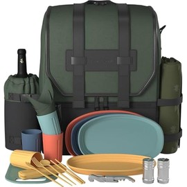 Fern & Soul Picnic Backpack for 4 - Stylish Insulated Picnic Basket Set with Blanket, Wine Cooler Bag, Unbreakable Dinnerware Set Made to Last - Engagement Gifts for Couples, Family, Beach, Camping